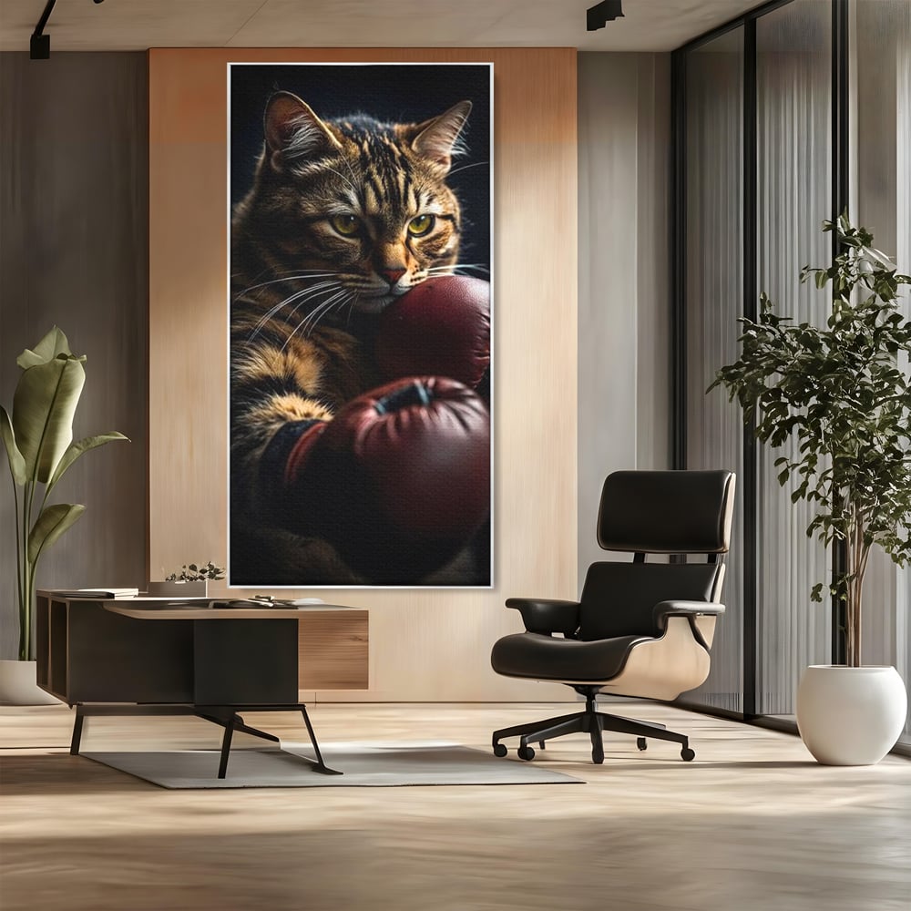 Tablou canvas cu tablou canvas cu motan boxer, in rama de aluminiu argintiu, pe perete intr-un birou